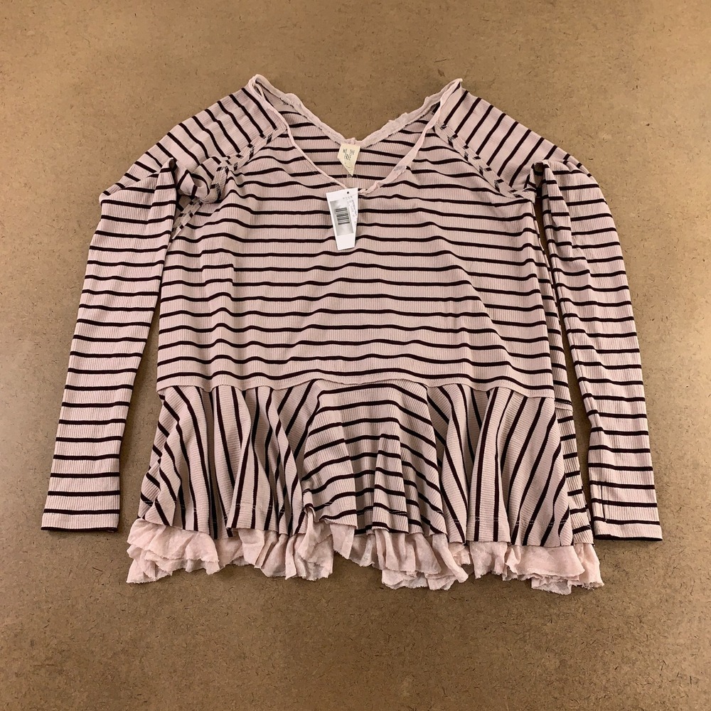 We The Free‎ Women's Small Oversized Brown Striped Long Sleeve Peplum Top NWT
